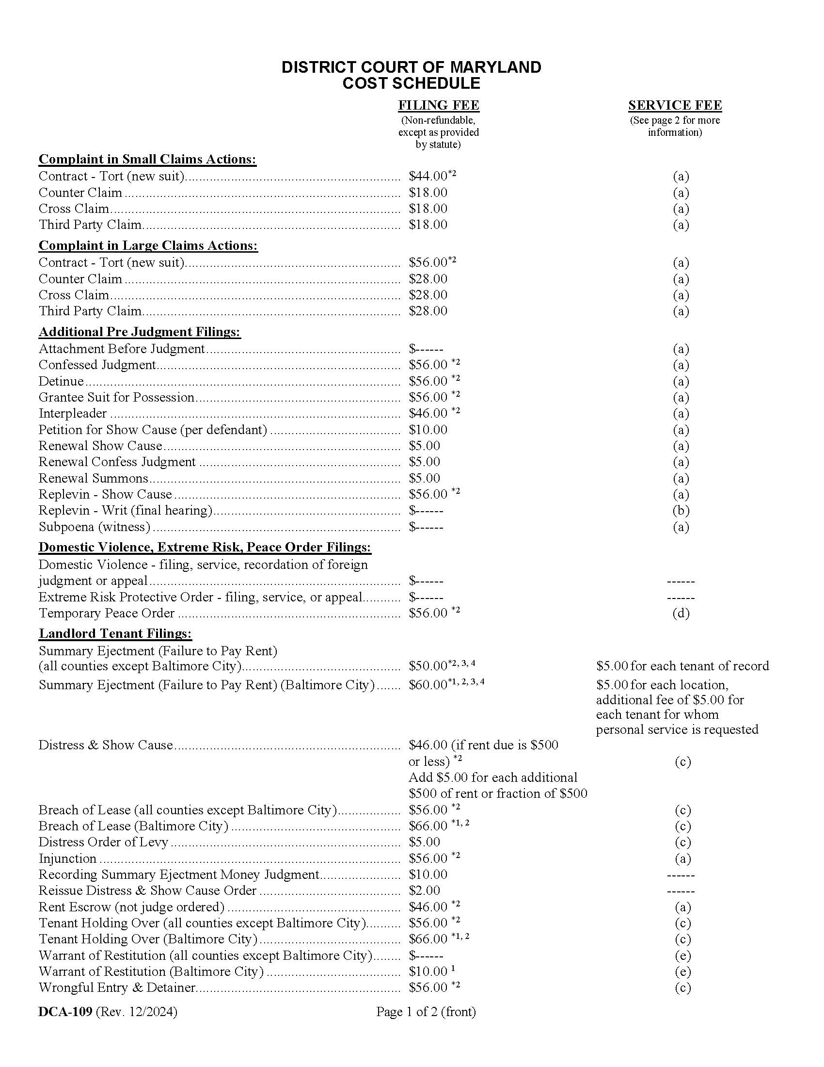 Cost Schedule {DCA 109} | Pdf Fpdf Docx | Maryland