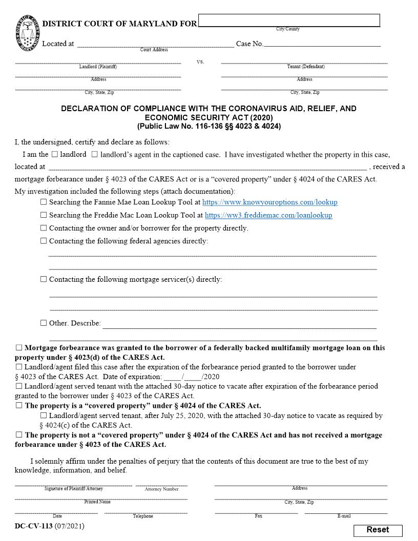 Declaration Of Compliance With CARES Act {DC-CV-113} | Pdf Fpdf Docx | Maryland
