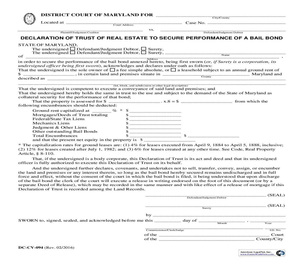 Declaration Of Trust Of Real Estate To Secure Performance Of A Bond {DC-CV 94} | Pdf Fpdf Doc Docx | Maryland
