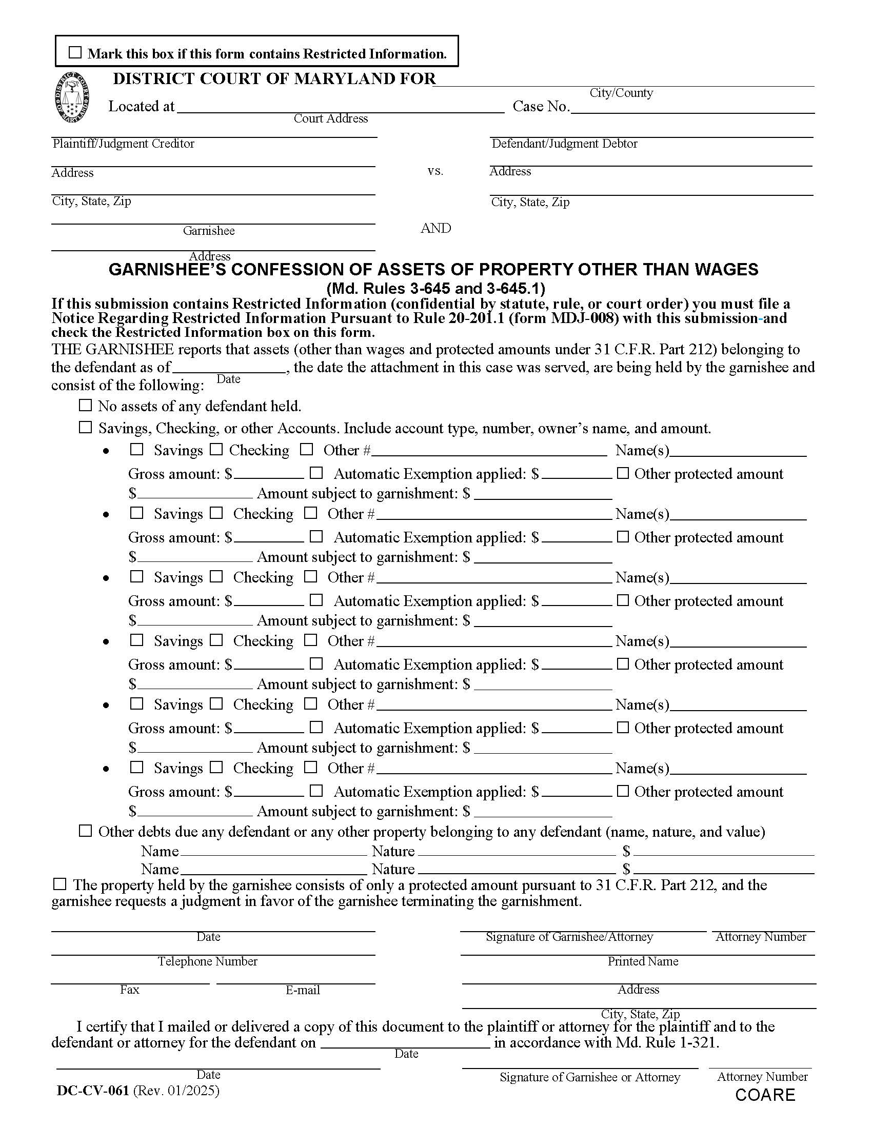 Garnishees Confession Of Assets Of Property Other Than Wages {DC-CV 61} | Pdf Fpdf Doc Docx | Maryland