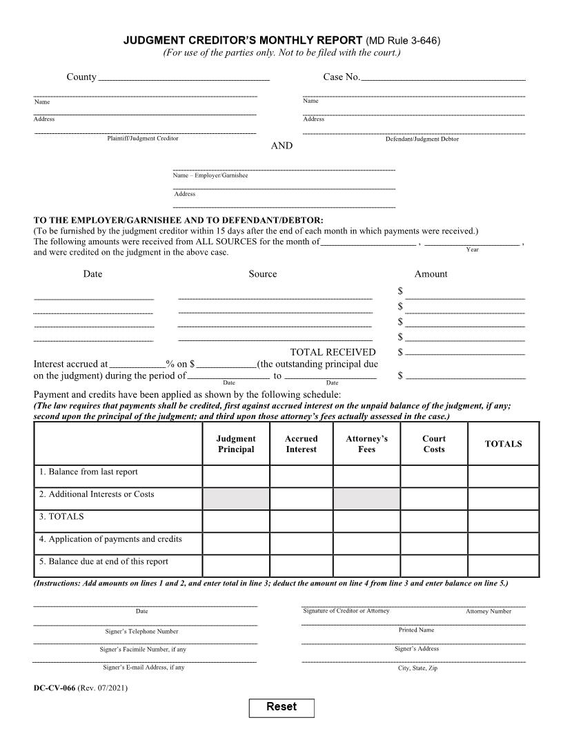 Judgment Creditors Monthly Report {DC-CV 66} | Pdf Fpdf Doc Docx | Maryland