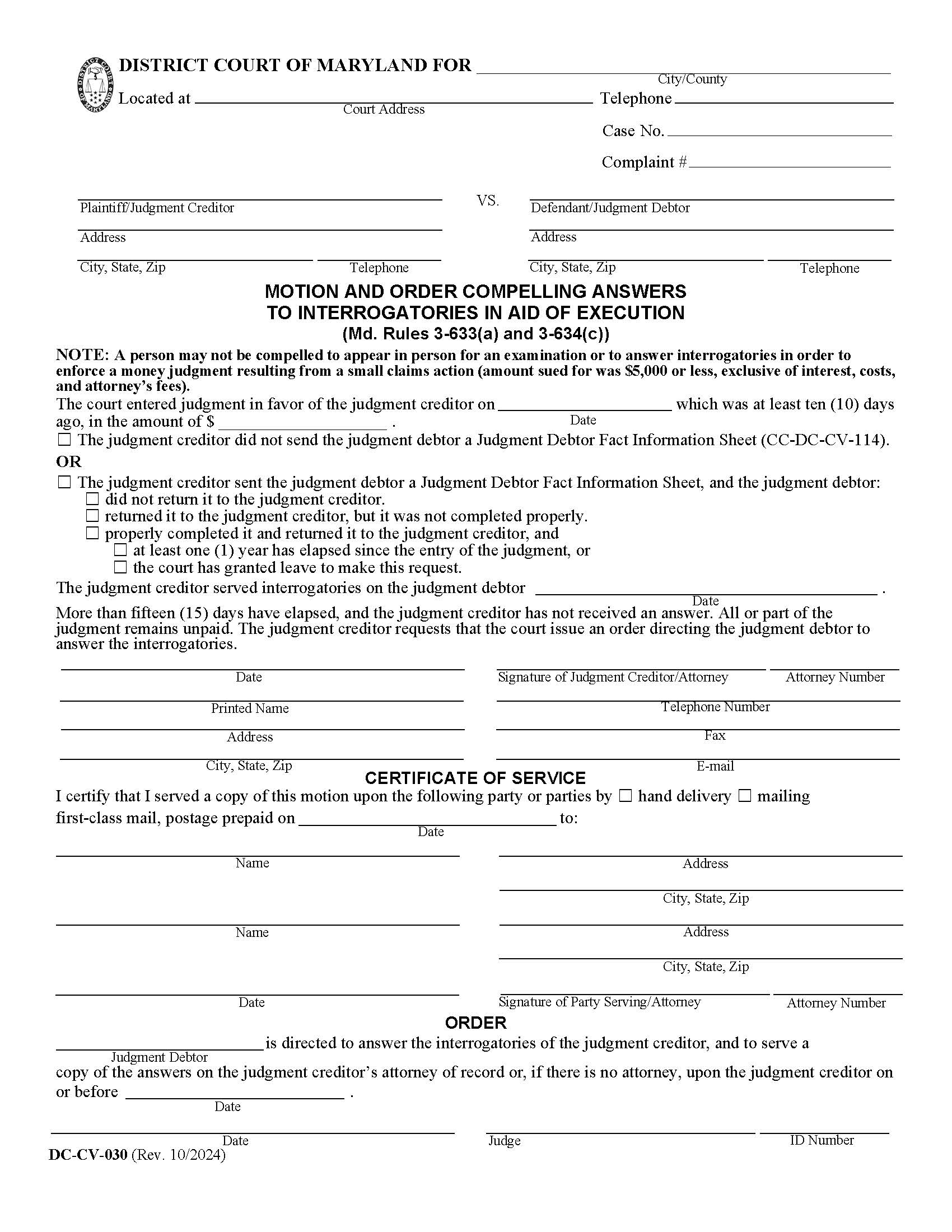 Motion And Order Compelling Answers To Interrogatories {DC-CV 30} | Pdf Fpdf Docx | Maryland