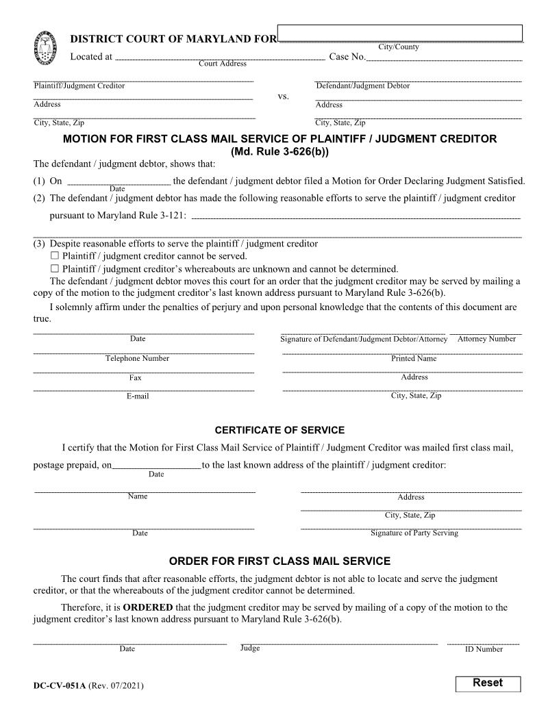 Motion For First Class Mail Service Of Plaintiff Judgment Creditor {DC-CV-051A} | Pdf Fpdf Docx | Maryland