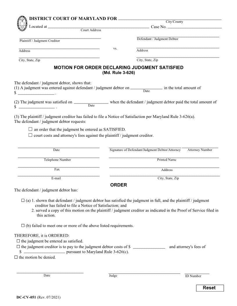 Motion For Order Declaring Judgment Satisfied {DC-CV 51} | Pdf Fpdf Docx | Maryland