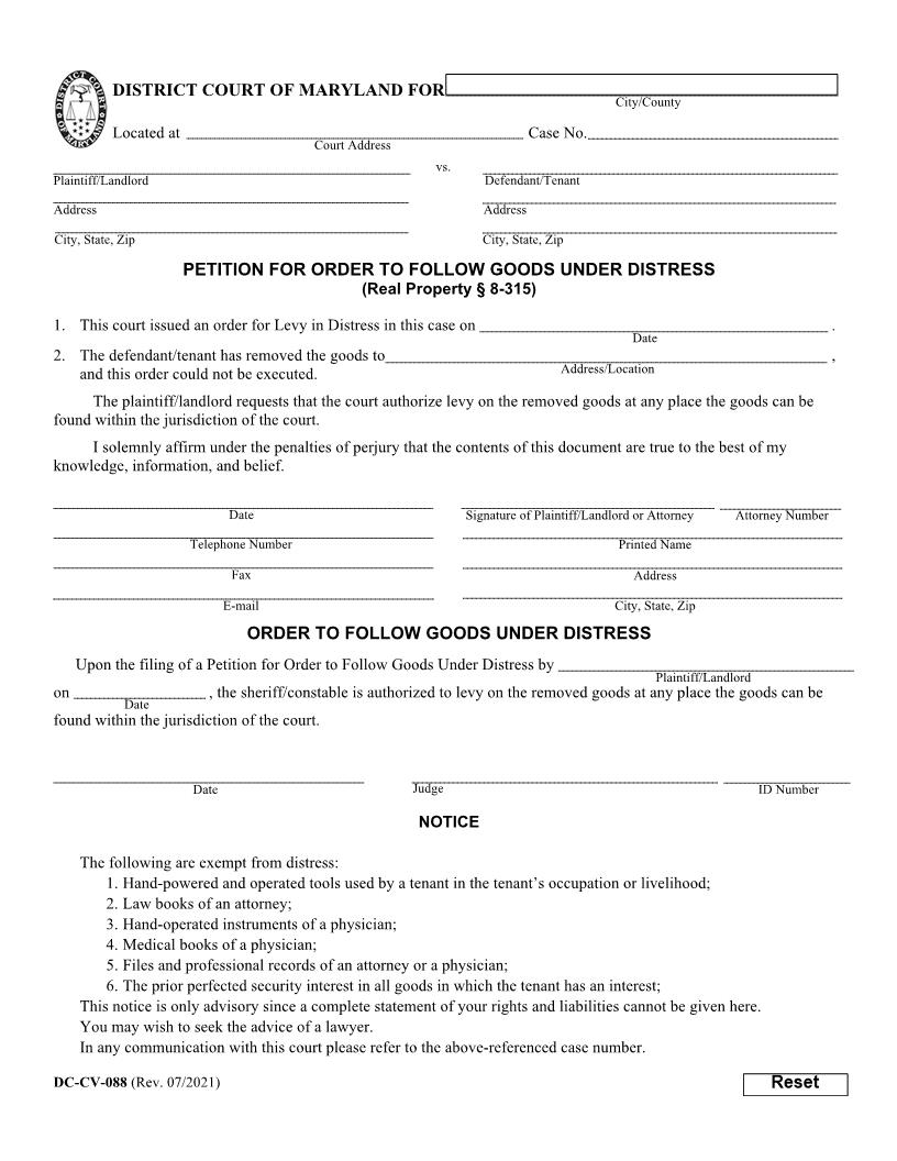 Motion For Order To Follow Goods Under Distress {DC-CV 88} | Pdf Fpdf Doc Docx | Maryland