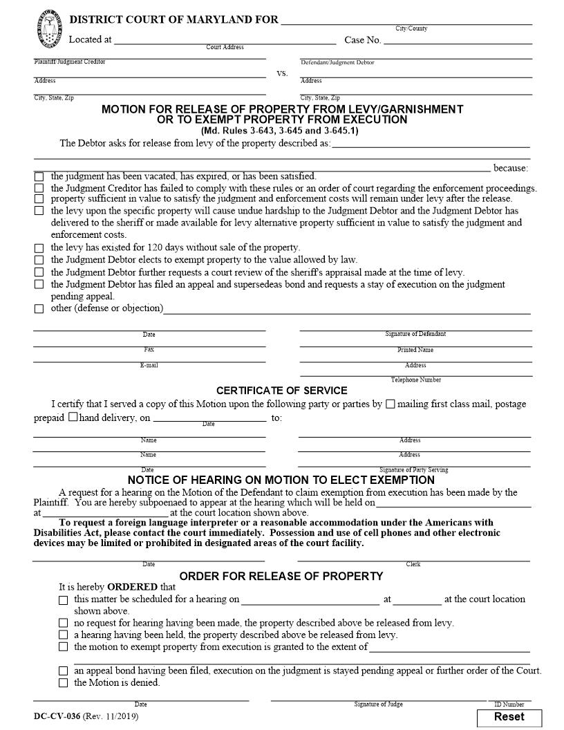 Motion For Release Of Property From Levy-Garnishment {DC-CV 36} | Pdf Fpdf Doc Docx | Maryland