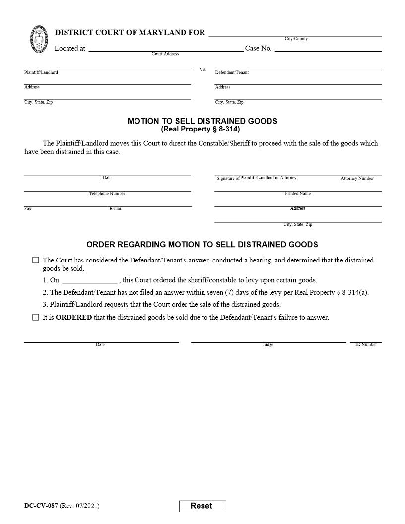 Motion To Sell Distrained Goods {DC-CV 87} | Pdf Fpdf Doc Docx | Maryland