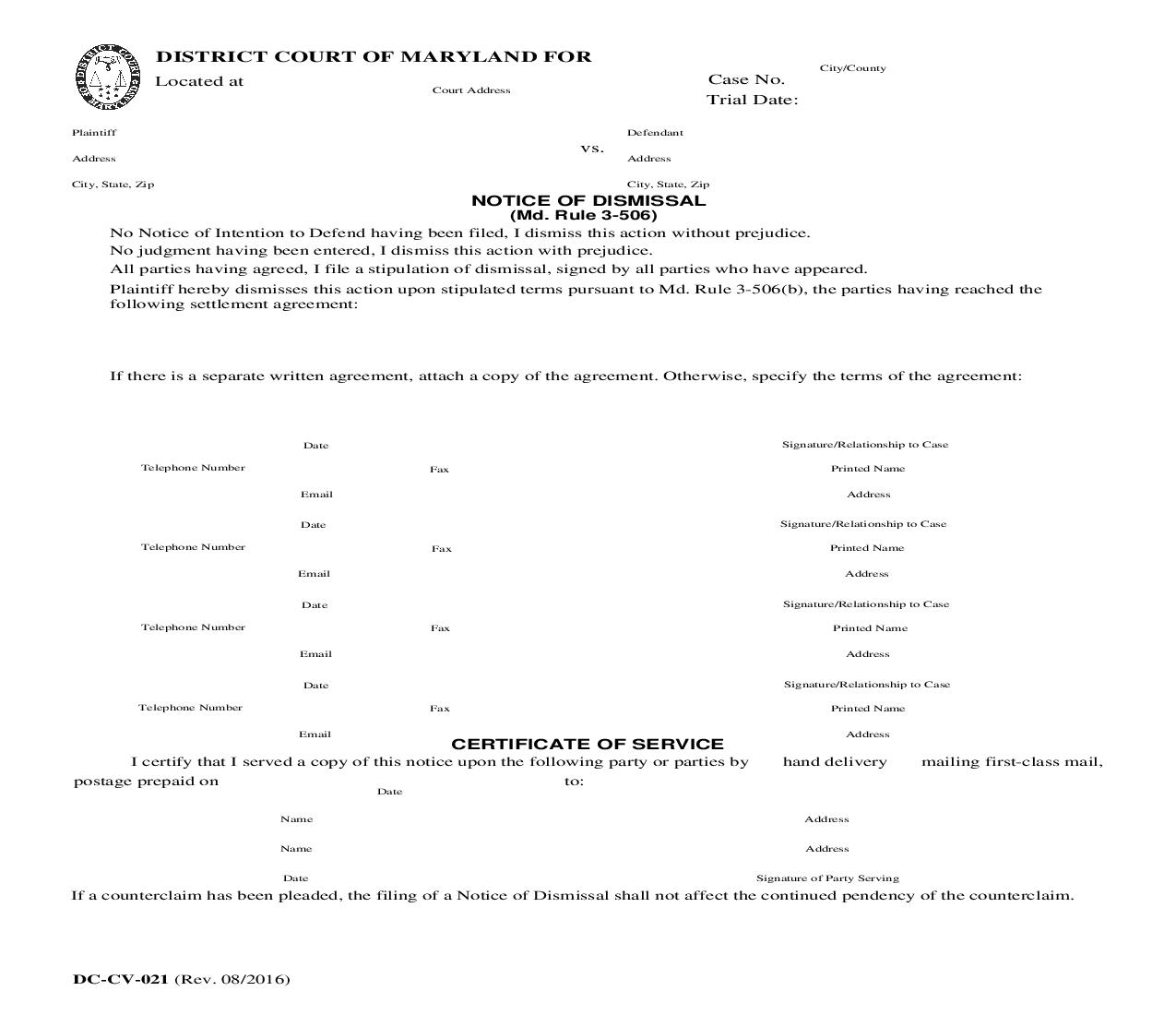 Notice Of Dismissal {DC-CV 21} | Pdf Fpdf Doc Docx | Maryland