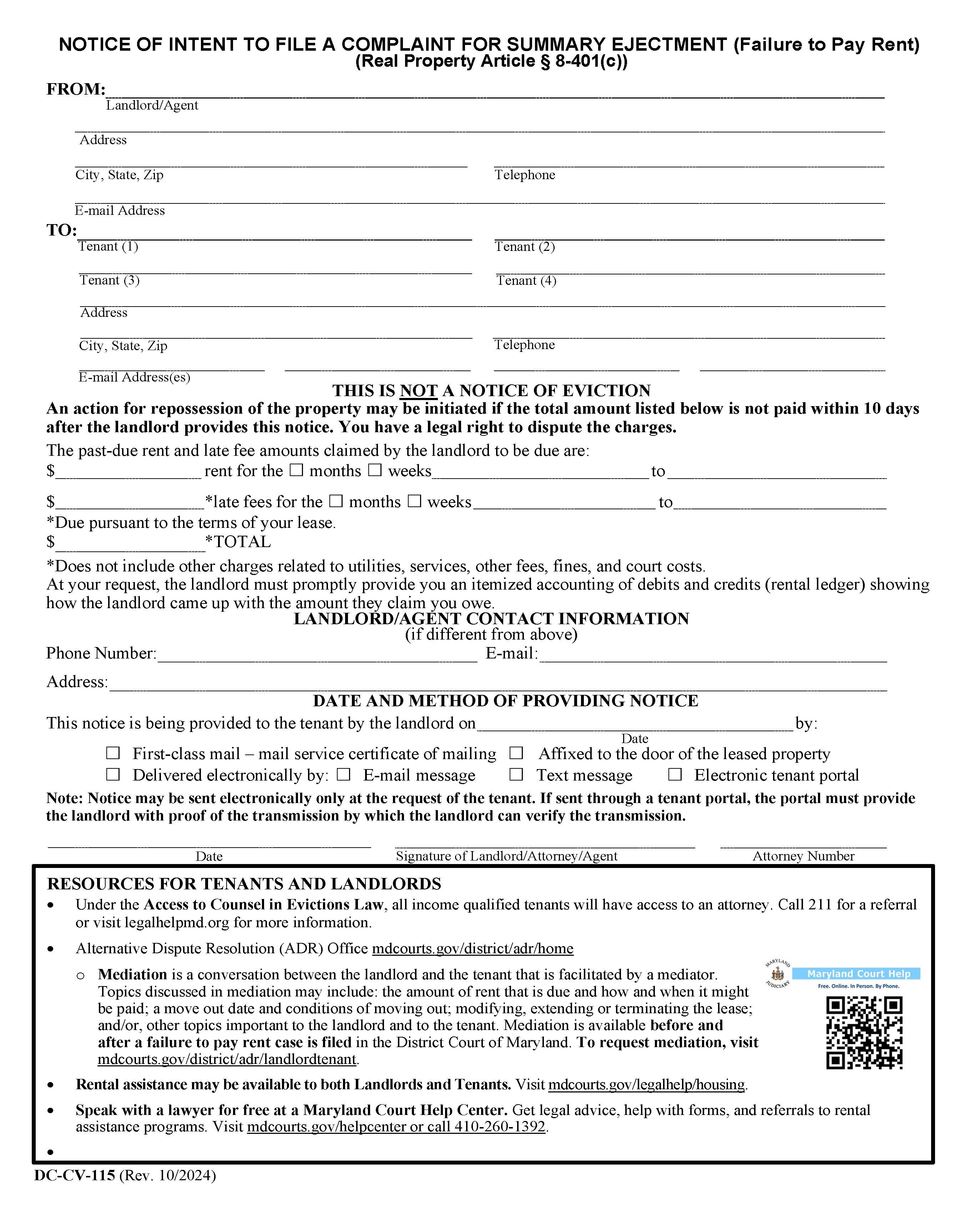 Notice Of Intent To File A Complaint For Summary Ejectment {DC-CV 115} | Pdf Fpdf Docx | Maryland