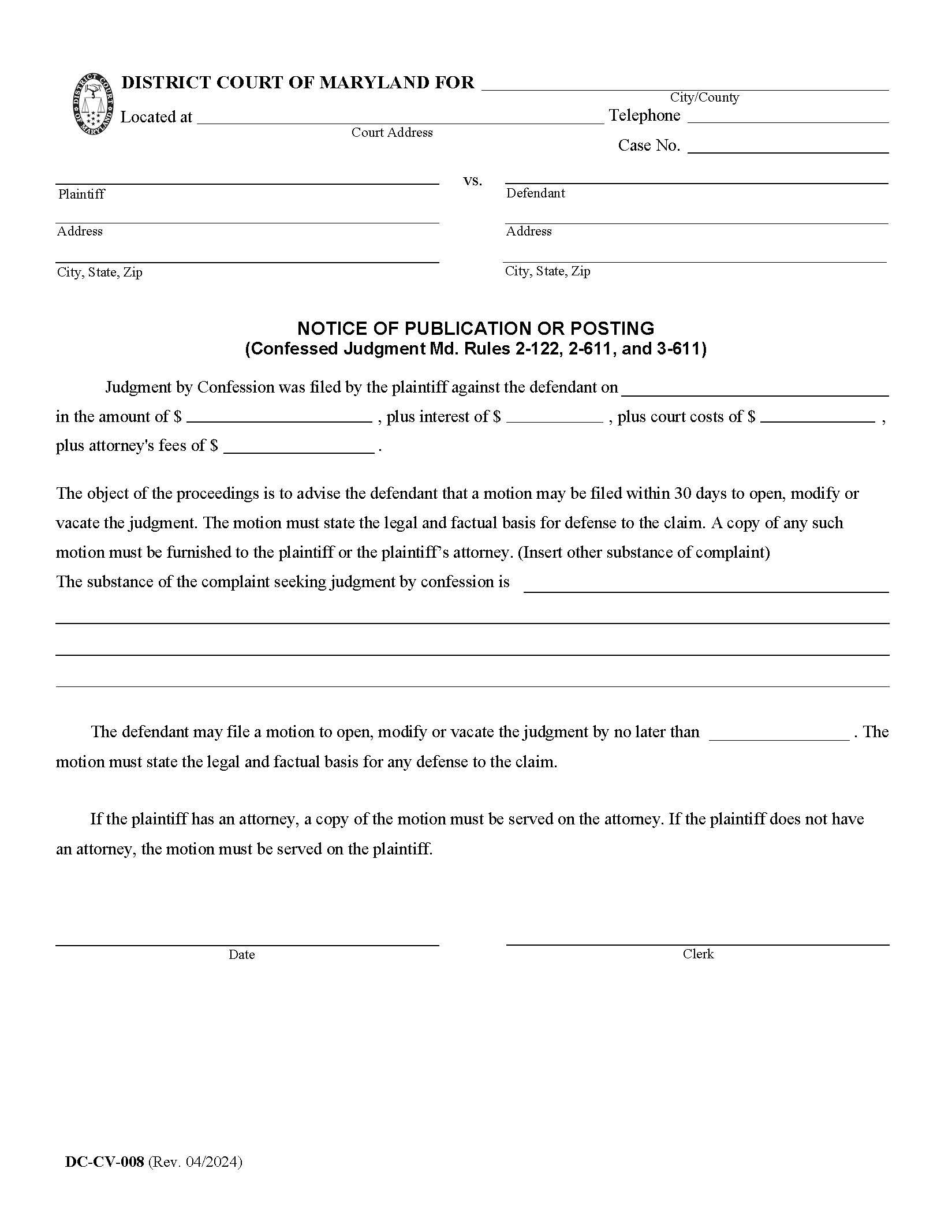 Notice Of Publication Or Posting {DC-CV-008} | Pdf Fpdf Docx | Maryland