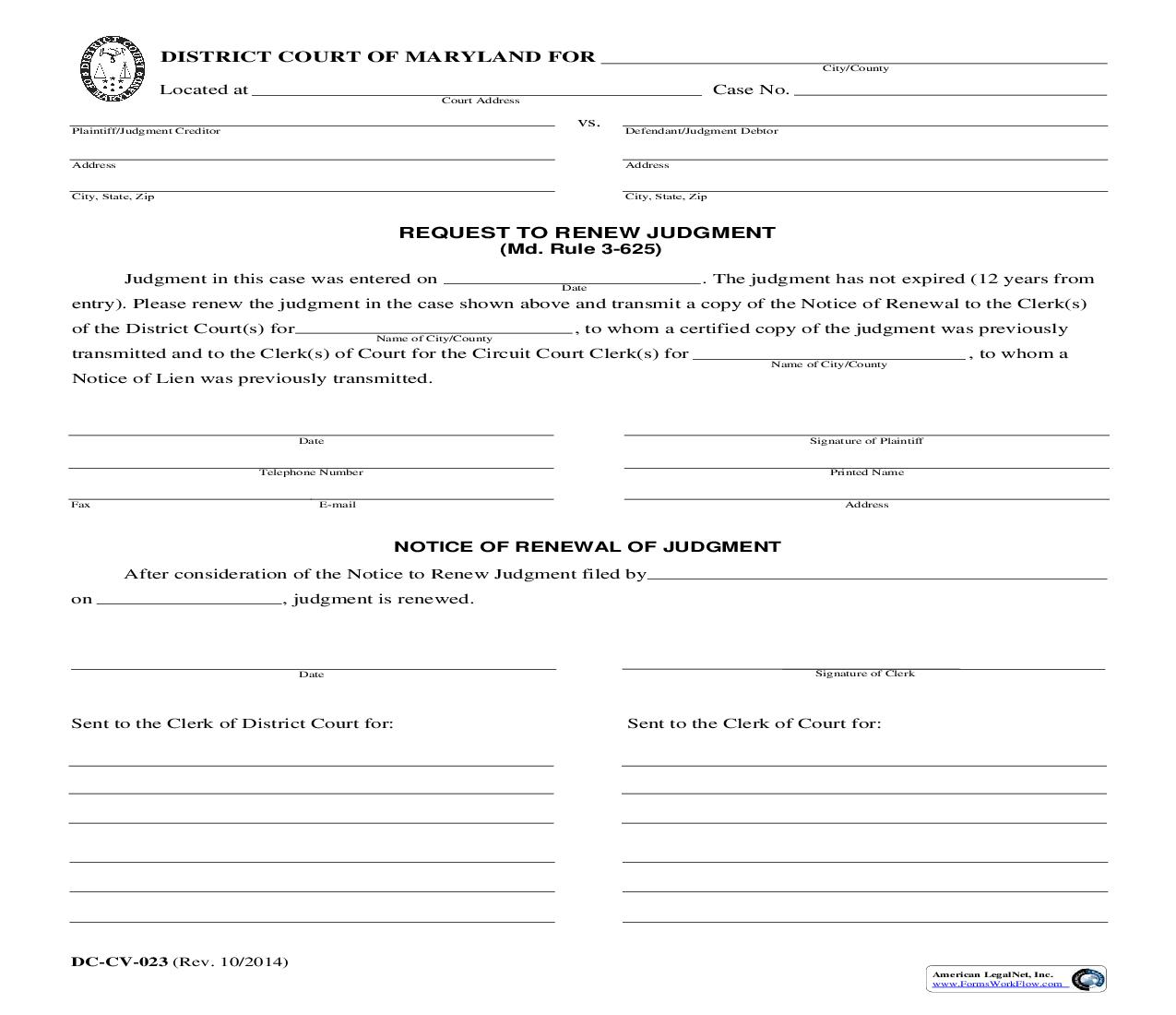 Notice To Renew Judgment {DC-CV 23} | Pdf Fpdf Doc Docx | Maryland