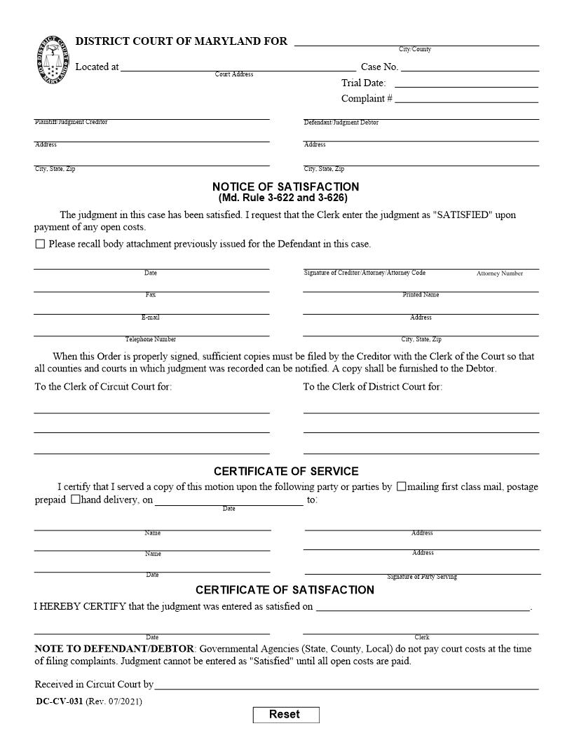 Order Of Satisfaction And Notice Of Satisfaction Of Lien {DC-CV 31} | Pdf Fpdf Doc Docx | Maryland