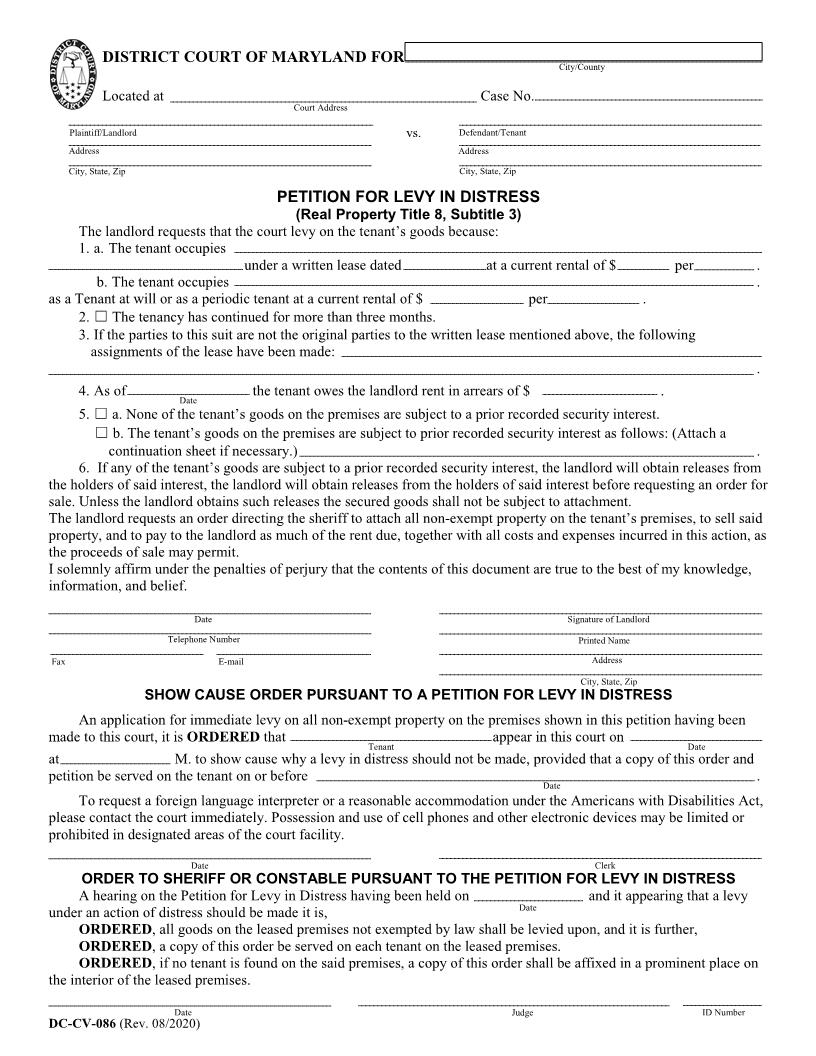Petition For Levy In Distress {DC-CV 86} | Pdf Fpdf Doc Docx | Maryland