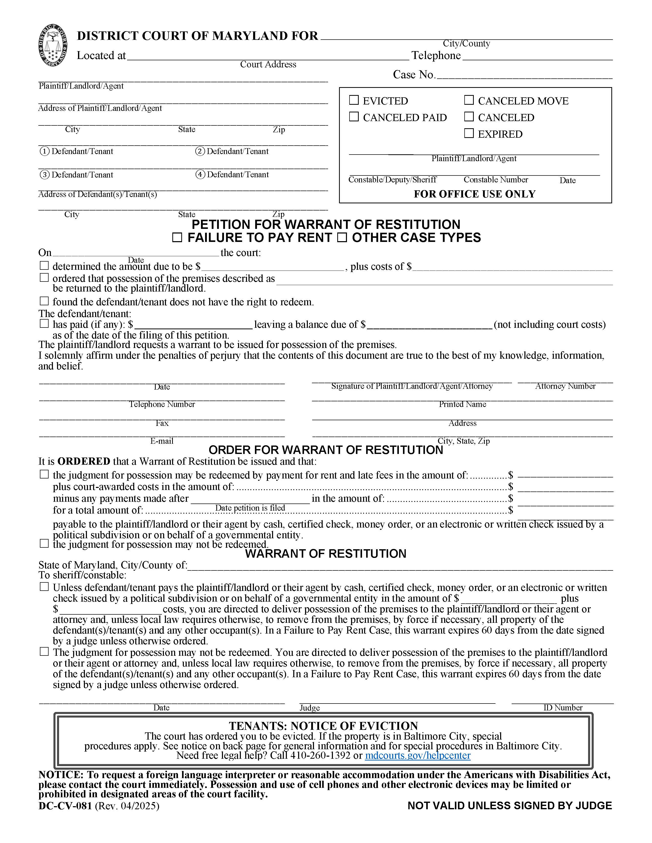 Petition For Warrant Of Restitution {DC-CV-081} | Pdf Fpdf Docx | Maryland