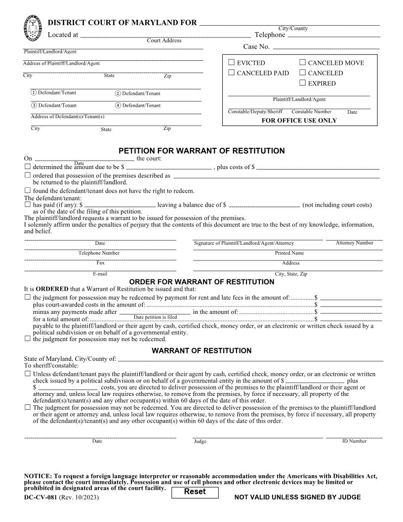 Petition For Warrant Of Restitution (Prince George) {DC-CV-081} | Pdf Fpdf Docx | Maryland