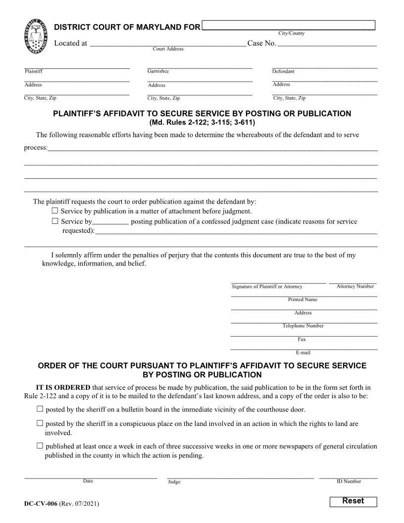 Plaintiffs Affidavit To Secure Service By Posting Or Publication {DC-CV 6} | Pdf Fpdf Docx | Maryland
