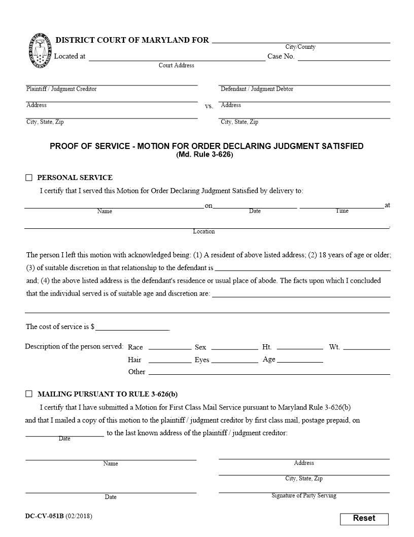 Proof Of Service Motion For Order Declaring Judgment Satisfied {DC-CV-051B} | Pdf Fpdf Docx | Maryland