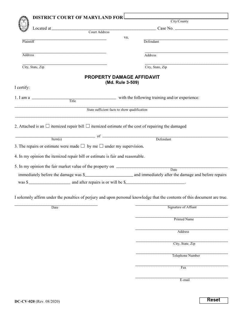 Property Damage Affidavit {DC-CV 20} | Pdf Fpdf Doc Docx | Maryland