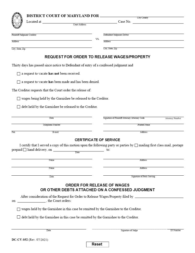 Request And Order For Release Of Wages Or Other Debts Attached On Confessed Judgment {DC-CV 52} | Pdf Fpdf Doc Docx | Maryland