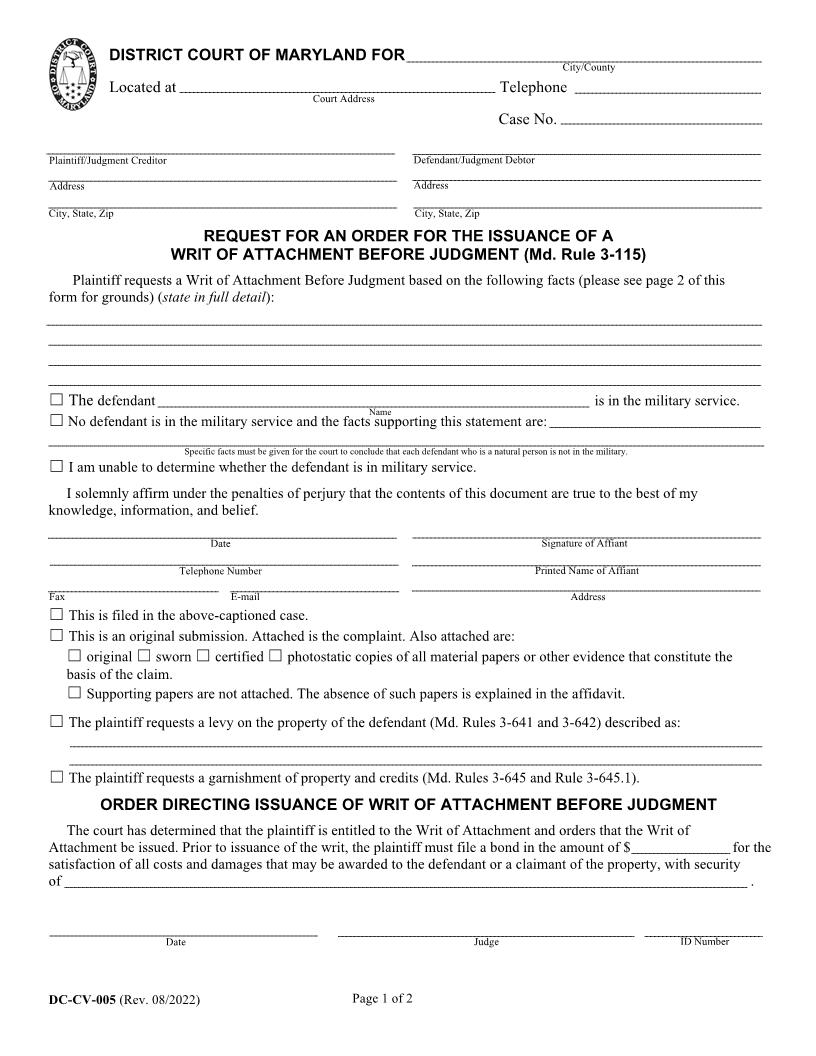 Request For An Order For The Issuance Of A Writ Of Attachment Before Judgment {DC-CV-5} | Pdf Fpdf Doc Docx | Maryland