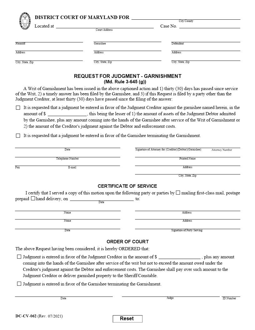 Request For Judgment-Garnishment {DC-CV 62} | Pdf Fpdf Doc Docx | Maryland