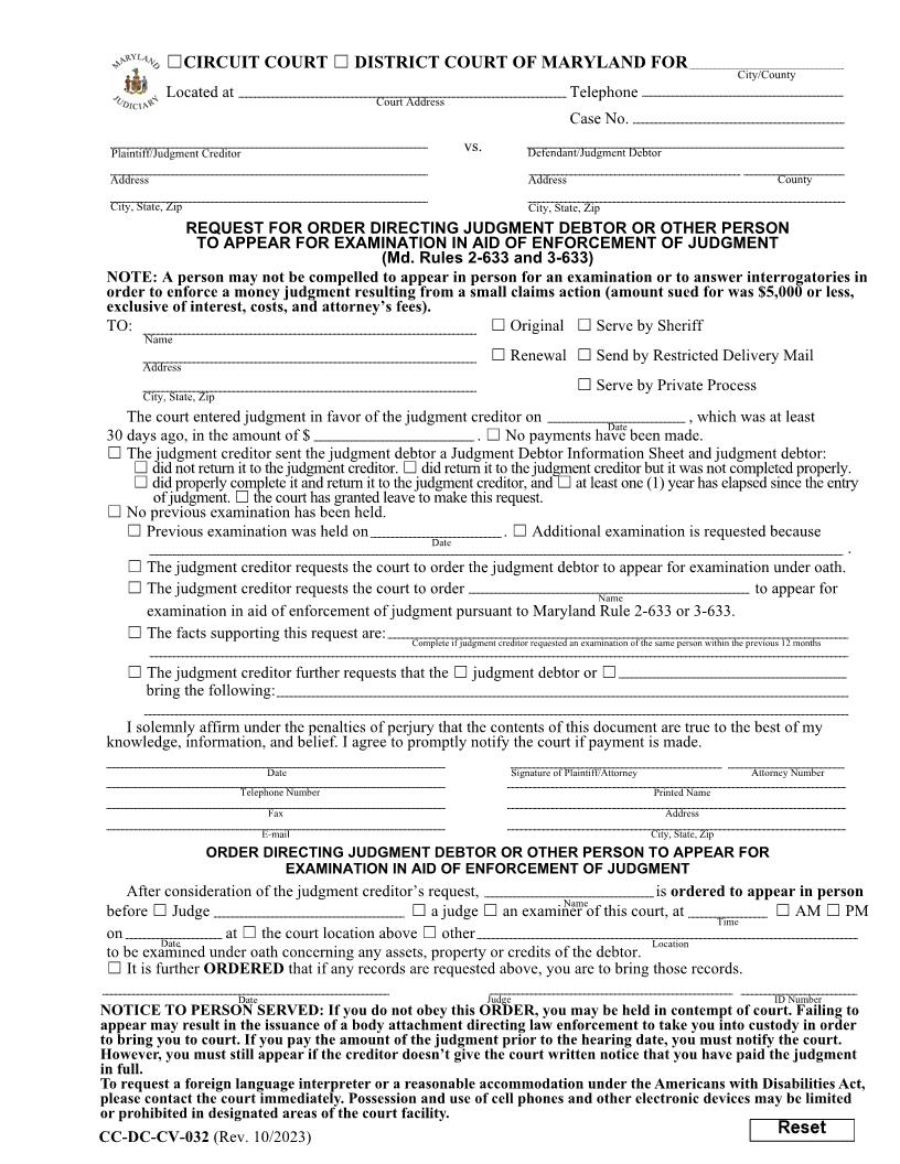 Request For Order Directing Judgment Debtor To Appear For Examination {DC-CV-032} | Pdf Fpdf Docx | Maryland