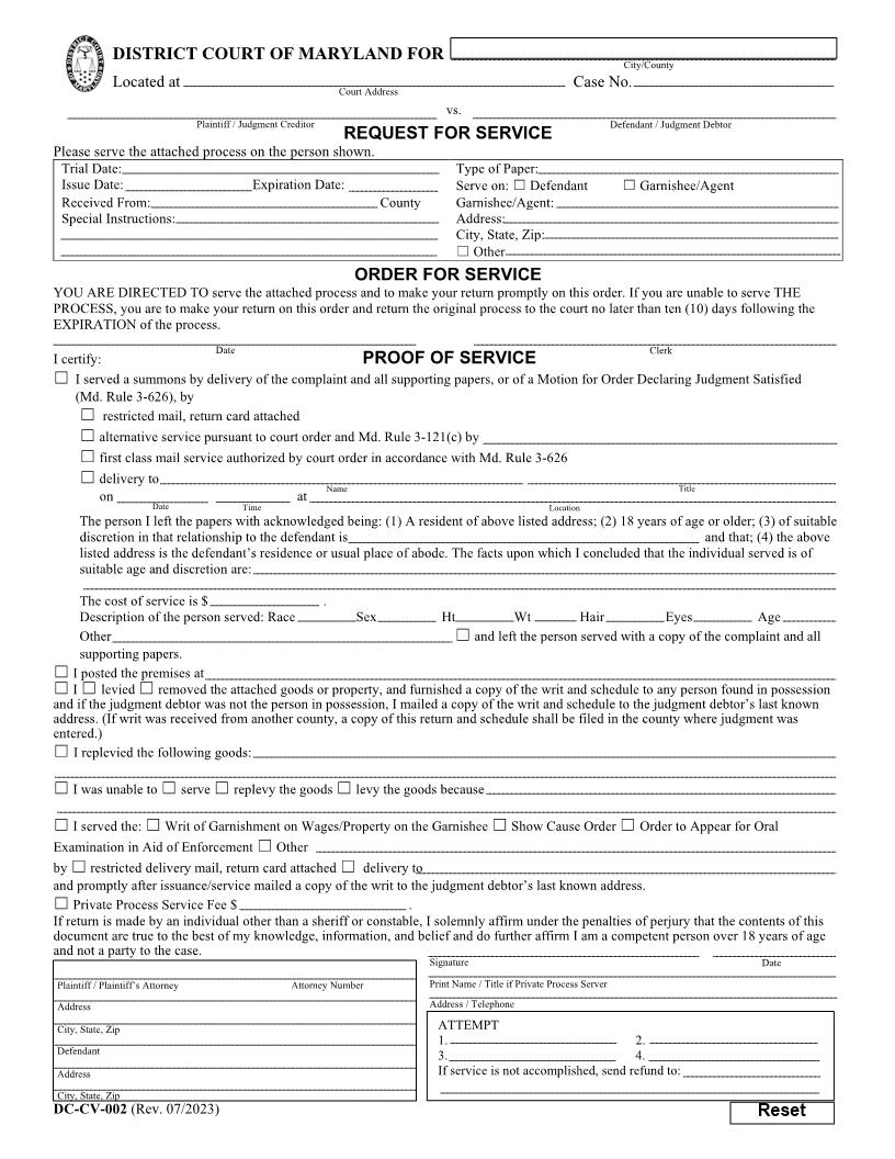 Request For Service, Order For Service, Proof Of Service {DC-CV-002} | Pdf Fpdf Docx | Maryland