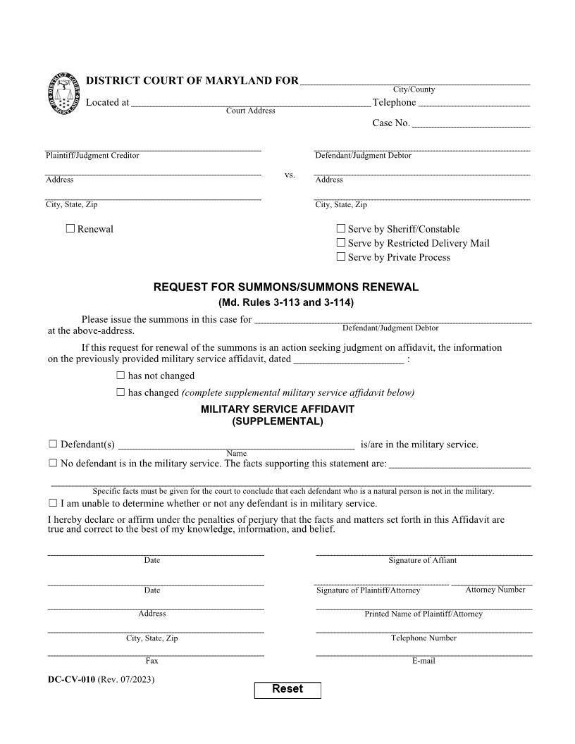 Request For Summons Or Summons Renewal {DC-CV-010} | Pdf Fpdf Docx | Maryland