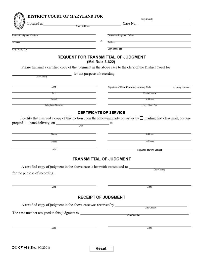 Request For Transmittal Of Judgment {DC-CV 34} | Pdf Fpdf Doc Docx | Maryland