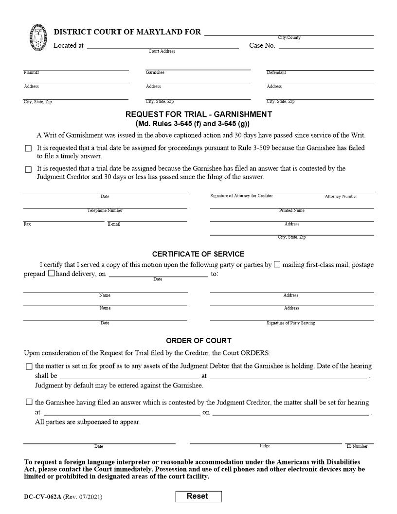 Request For Trial-Garnishment {DC-CV 62A} | Pdf Fpdf Doc Docx | Maryland