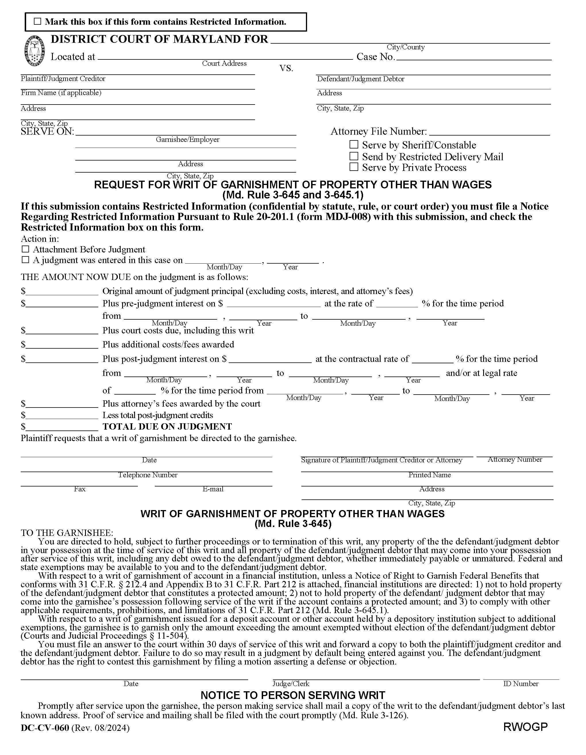 Request For Writ Of Garnishment Of Property Other Than Wages {DC-CV-060} | Pdf Fpdf Docx | Maryland