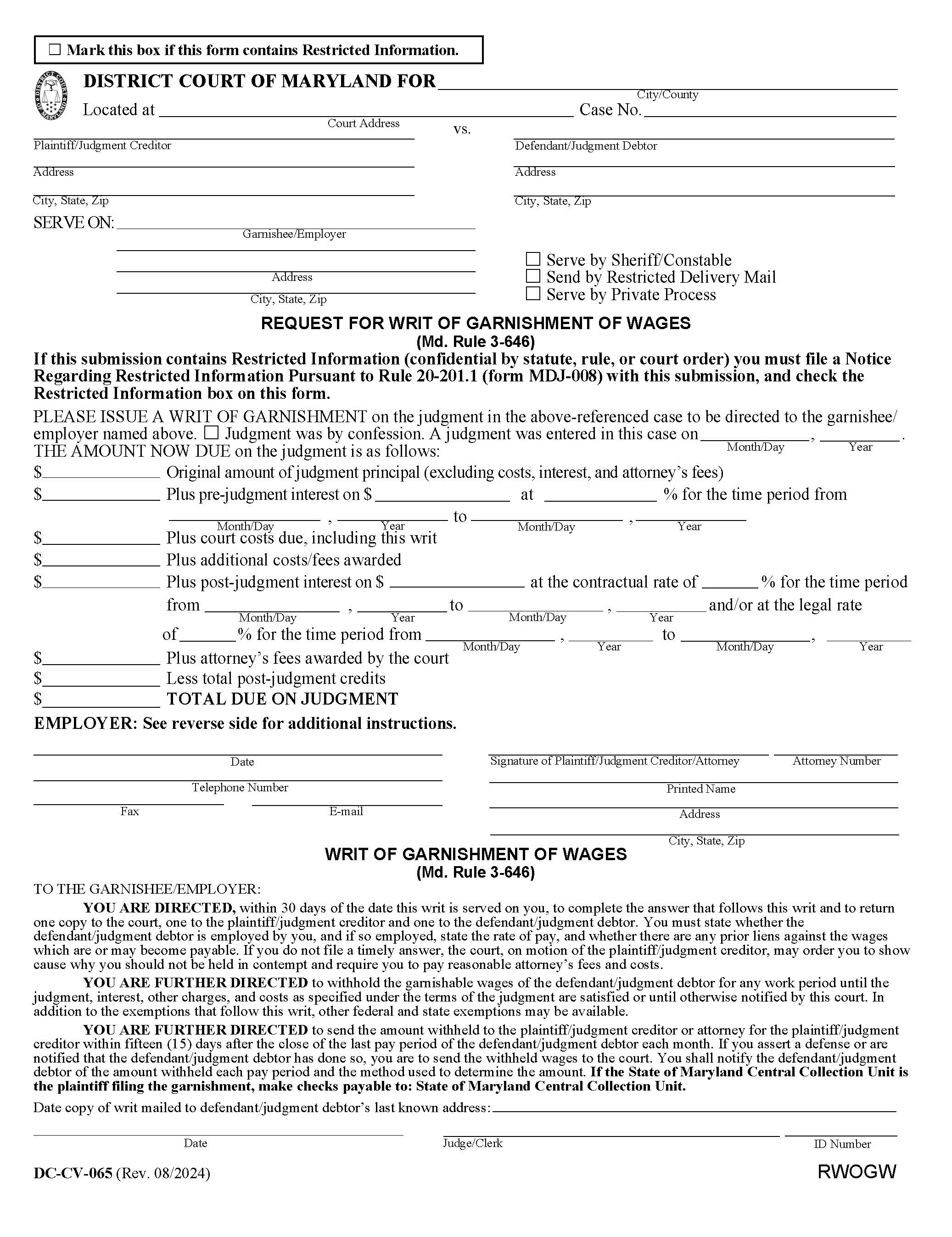 Request For Writ Of Garnishment Of Wages {DC-CV 65} | Pdf Fpdf Docx | Maryland