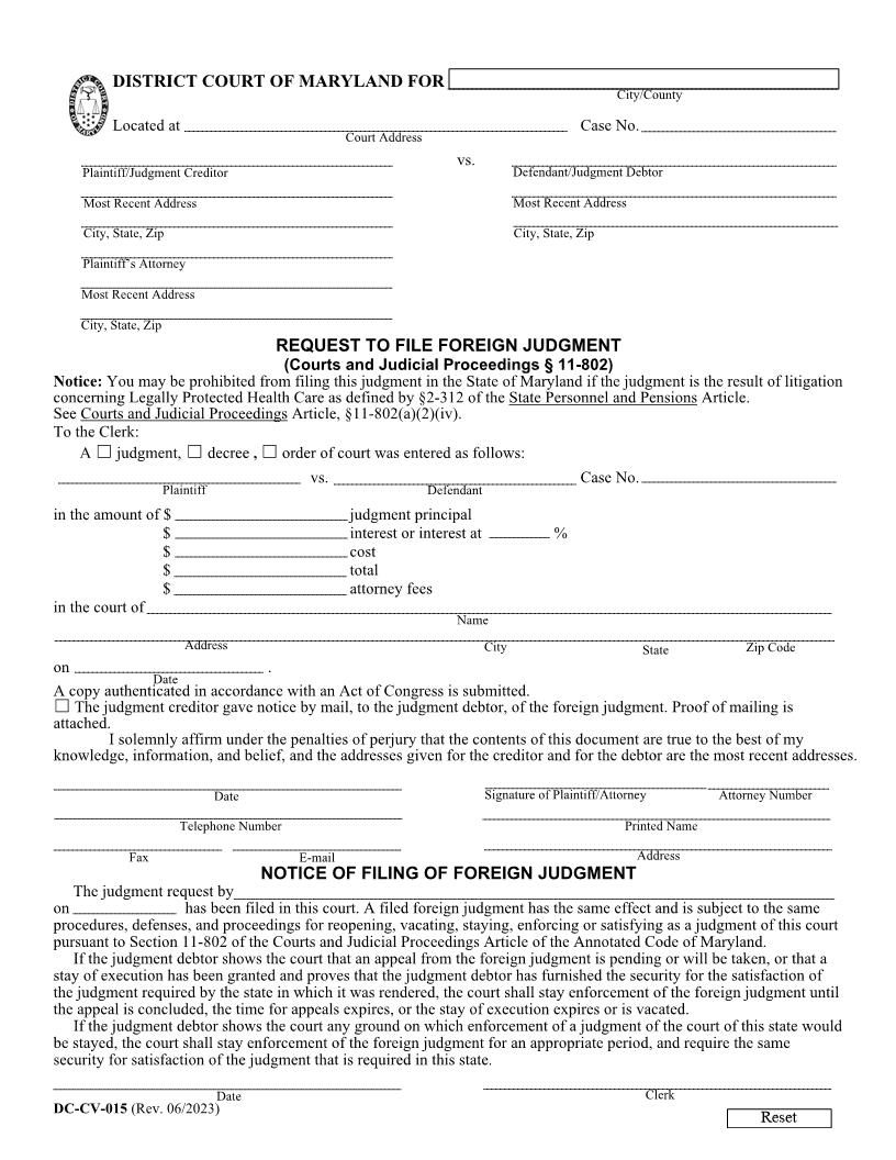 Request To File Foreign Judgment {DC-CV 15} | Pdf Fpdf Doc Docx | Maryland