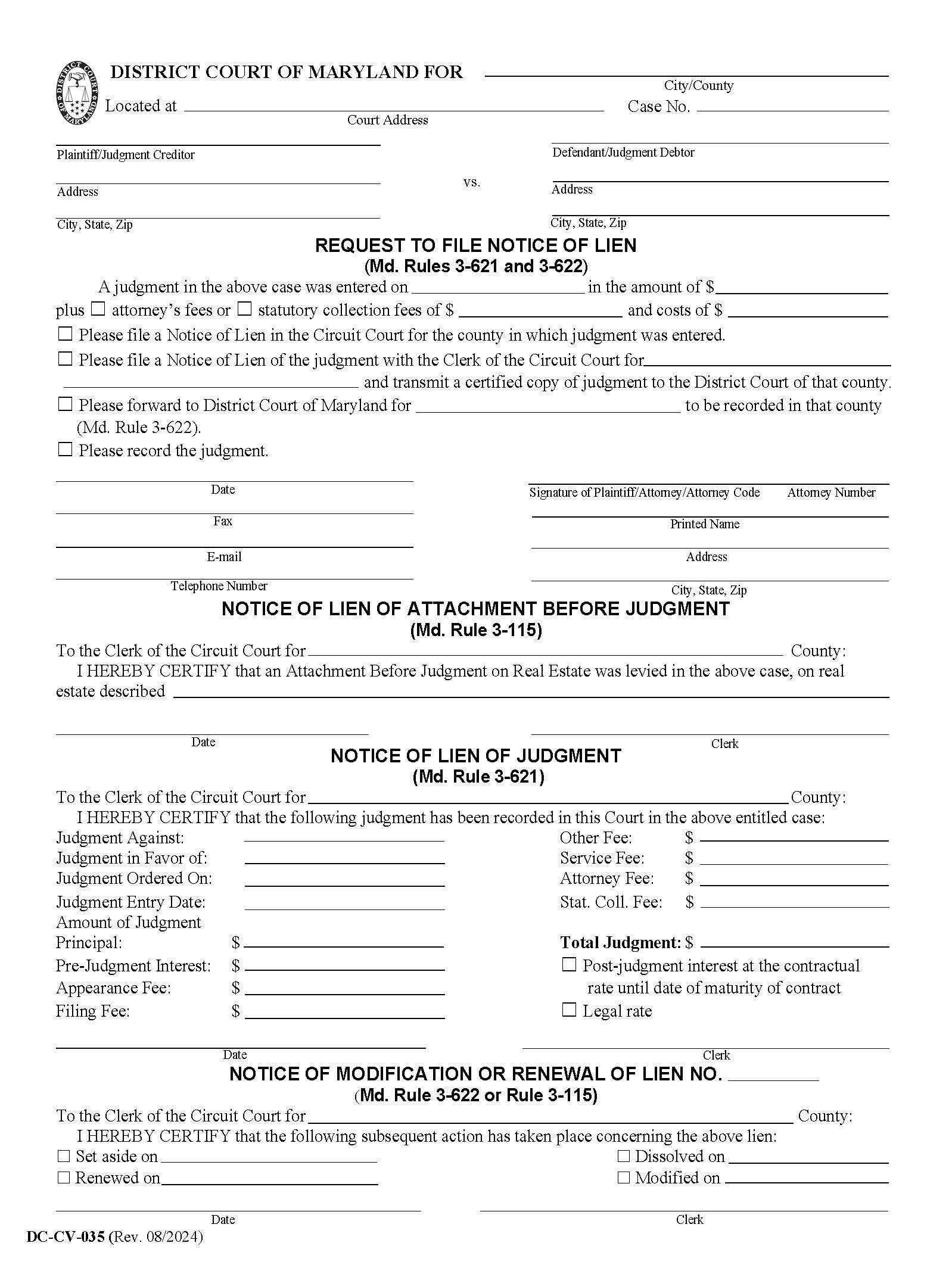 Request To File Notice Of Lien {DC-CV 35} | Pdf Fpdf Doc Docx | Maryland