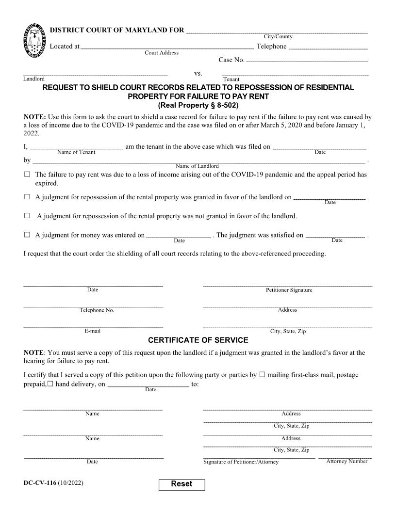 Request To Shield Court Records Related To Repossession Of Residential Property For Failure To Pay Rent {DC-CV-116} | Pdf Fpdf Docx | Maryland
