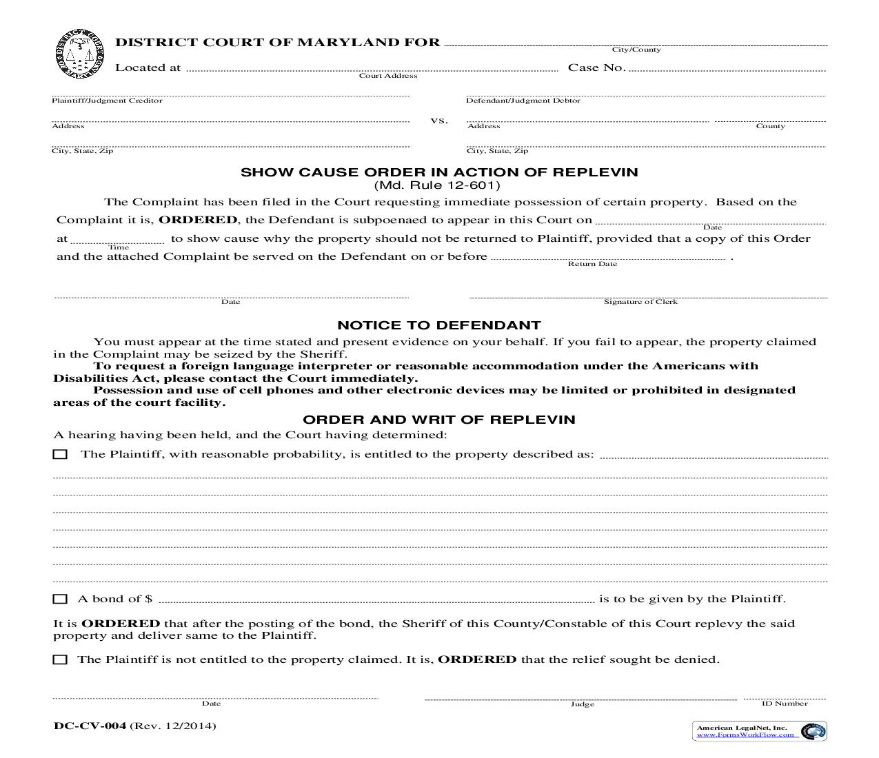 Show Cause Order In Action Of Replevin {DC-CV-4} | Pdf Fpdf Doc Docx | Maryland