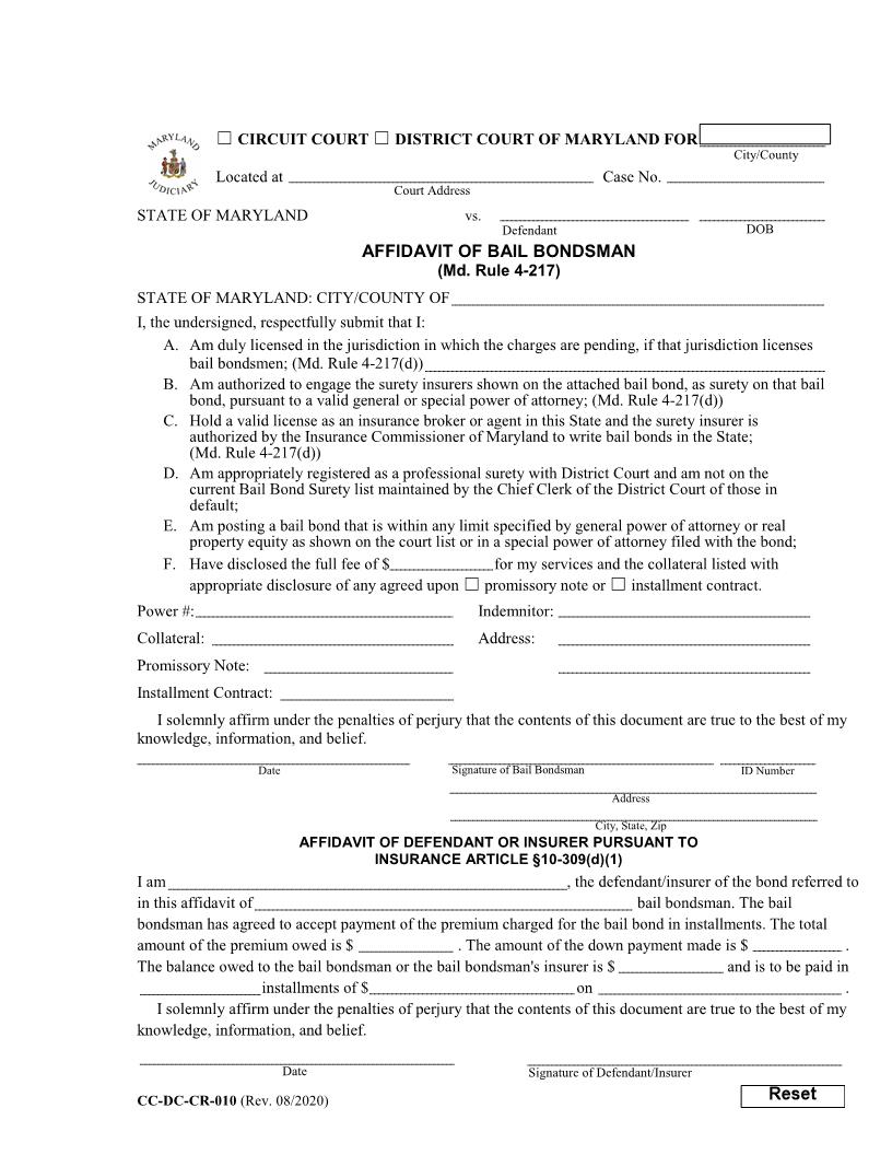 Affidavit Of Bail Bondsman {DC-CR 10} | Pdf Fpdf Doc Docx | Maryland