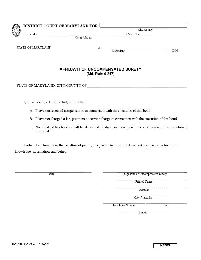 Affidavit Of Uncompensated Surety {DC-CR 130} | Pdf Fpdf Doc Docx | Maryland