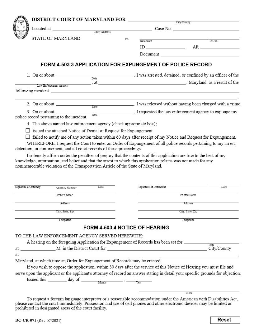 Application For Expungement Of Police Record And Notice Of Hearing {DC-CR 71} | Pdf Fpdf Docx | Maryland