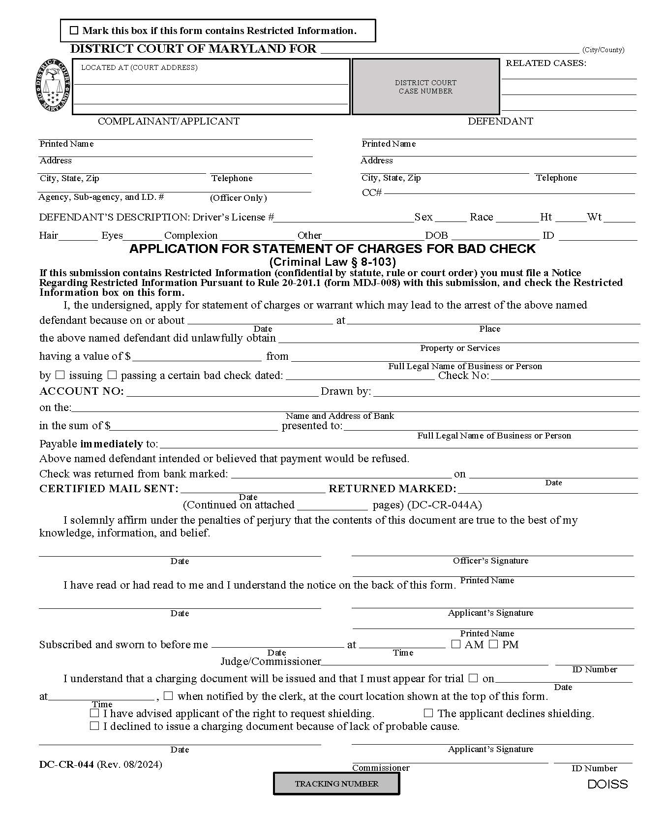 Application For Statement Of Charges For Bad Check {DC-CR 44} | Pdf Fpdf Doc Docx | Maryland