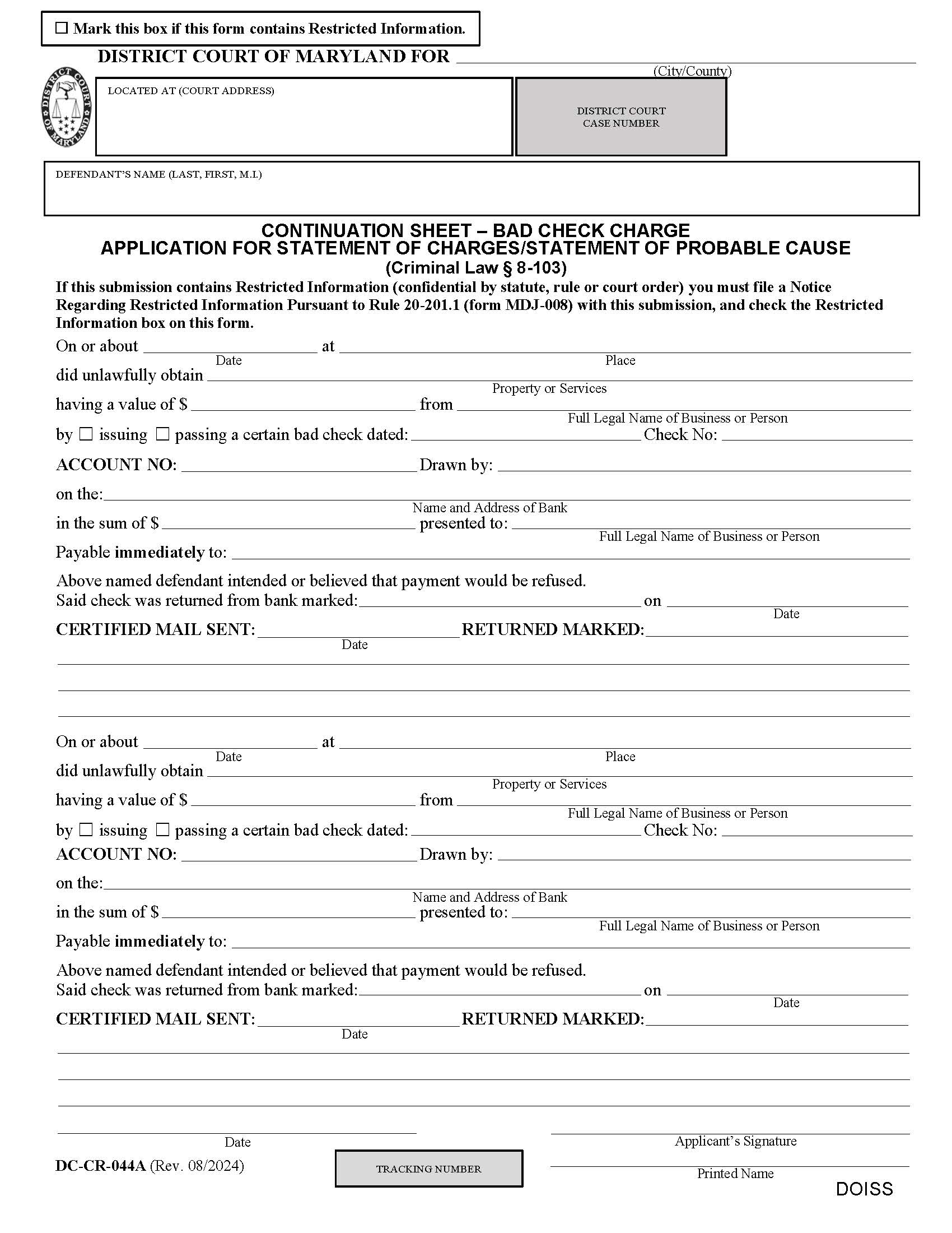 Application For Statement Of Charges For Bad Check Continuation Sheet {DC-CR 44A} | Pdf Fpdf Doc Docx | Maryland