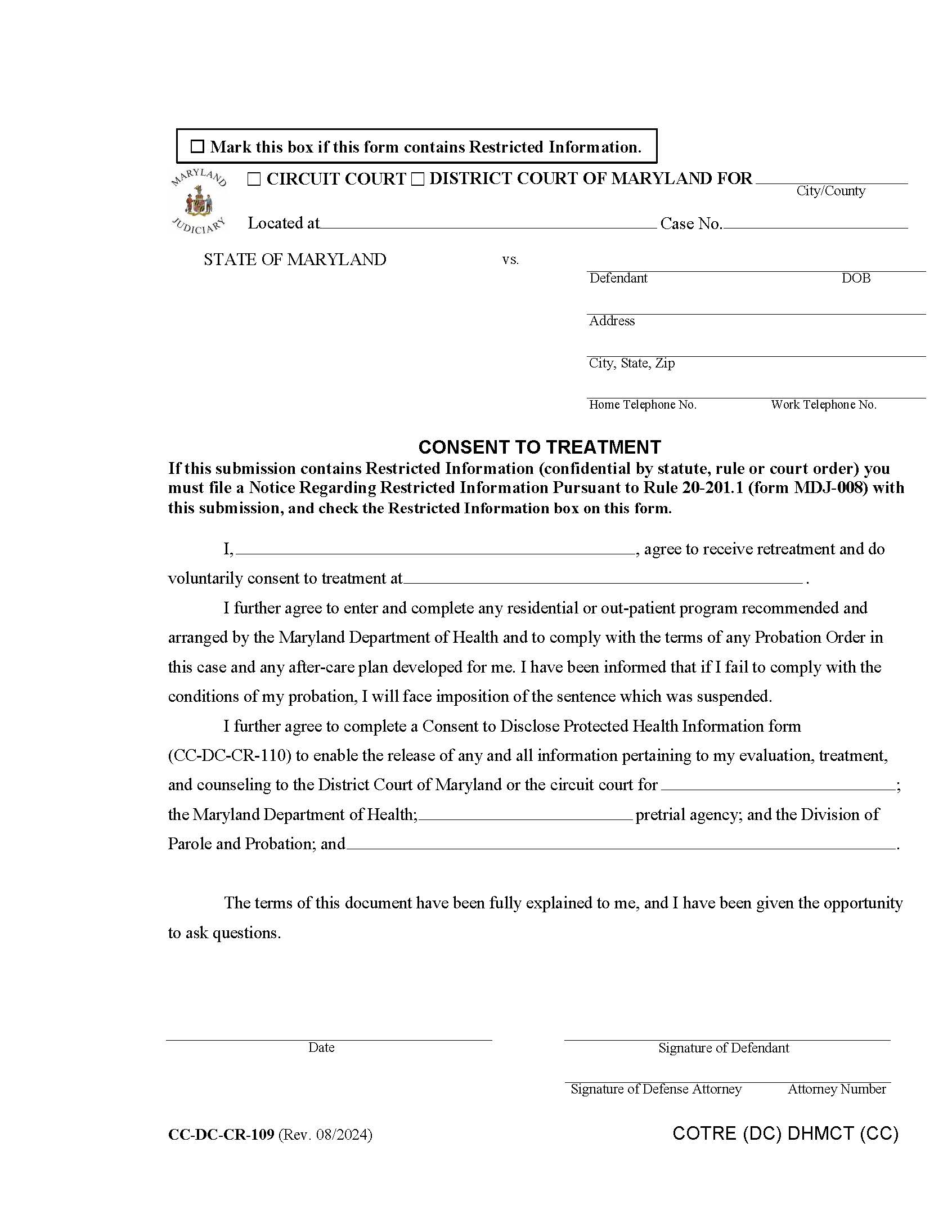 Consent To Treatment {CC-DC-CR 109} | Pdf Fpdf Docx | Maryland