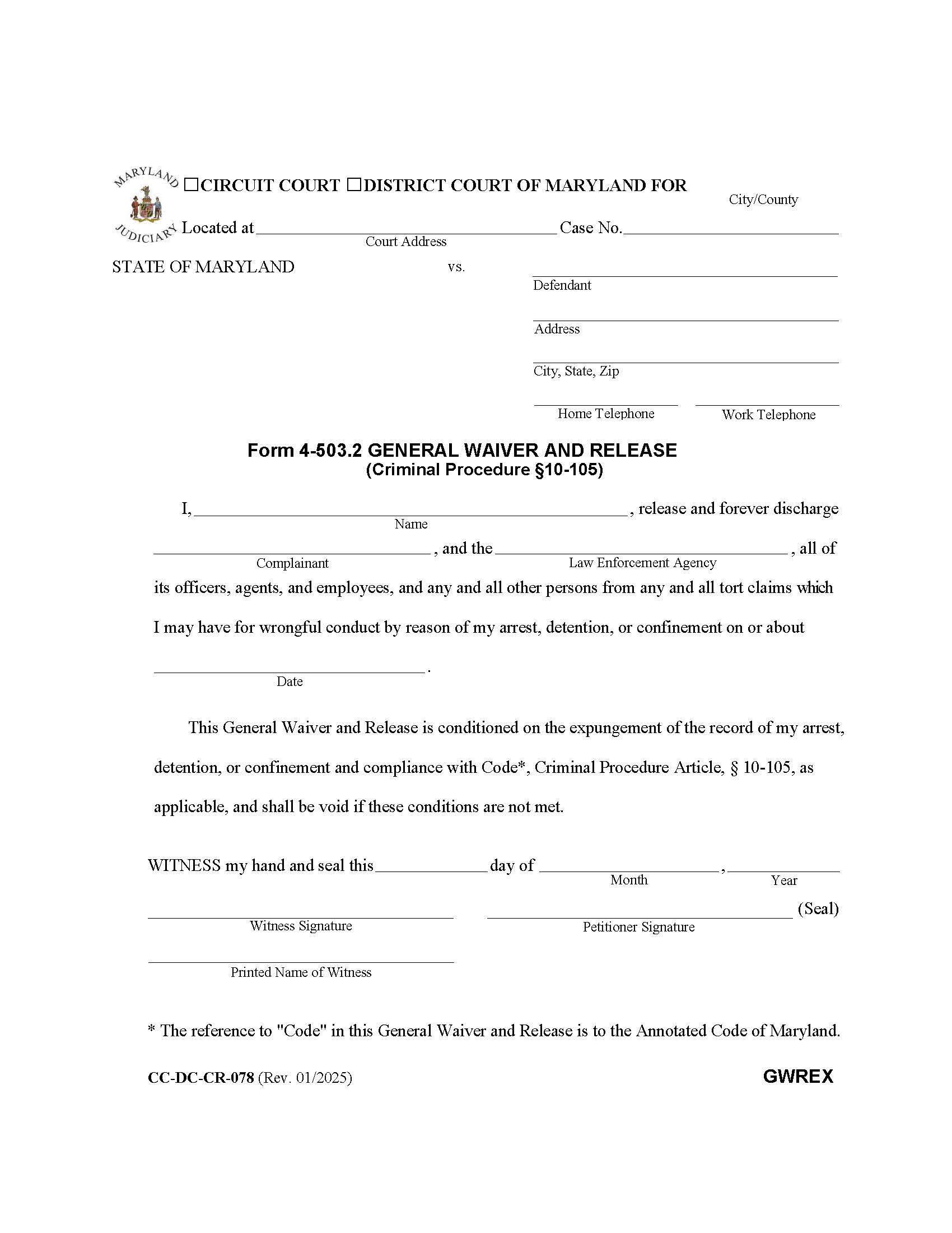 General Waiver And Release {DC-CR 78} | Pdf Fpdf Doc Docx | Maryland