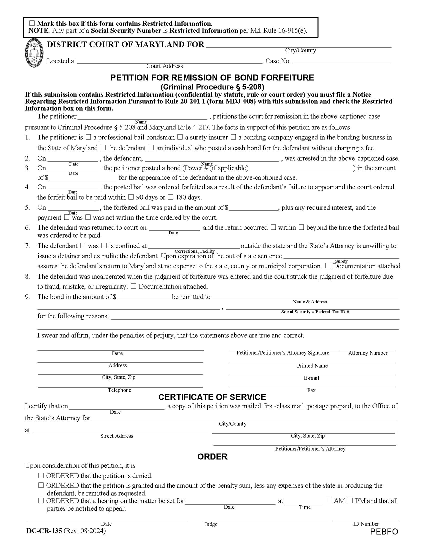 Petition For Remission Of Bond Forfeiture {DC-CR 135} | Pdf Fpdf Docx | Maryland