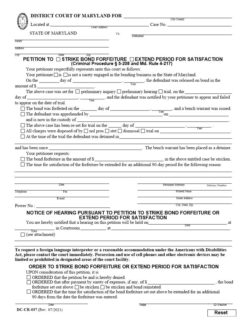 Petition To Strike Bond Forfeiture Or Extend Period For Satisfaction {DC-CR 37} | Pdf Fpdf Docx | Maryland