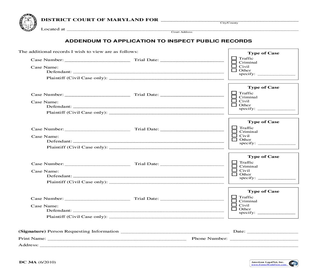 Addendum To Application To Inspect Public Records {DC 34A} | Pdf Fpdf Doc Docx | Maryland