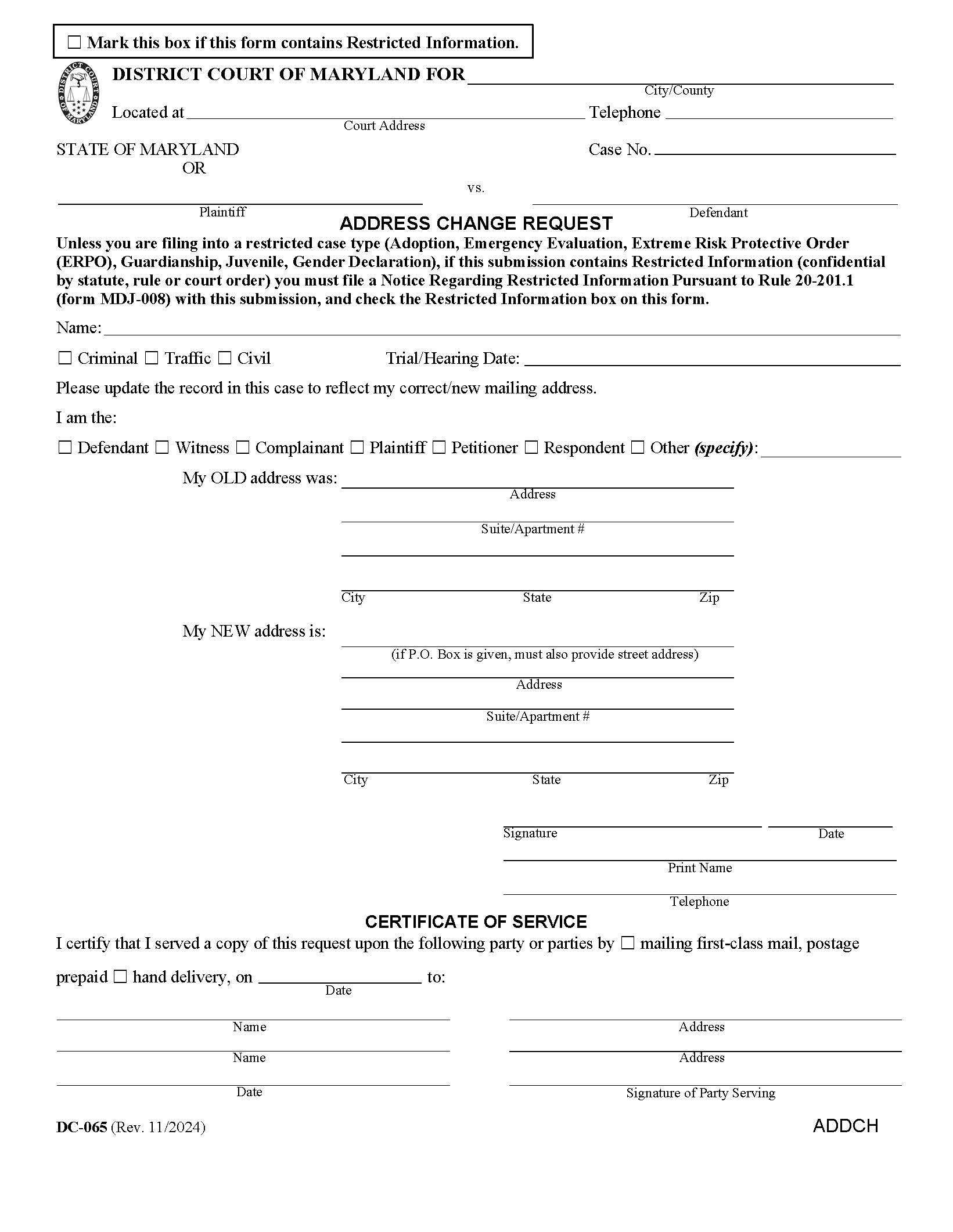 Address Change Request {DC-65} | Pdf Fpdf Doc Docx | Maryland