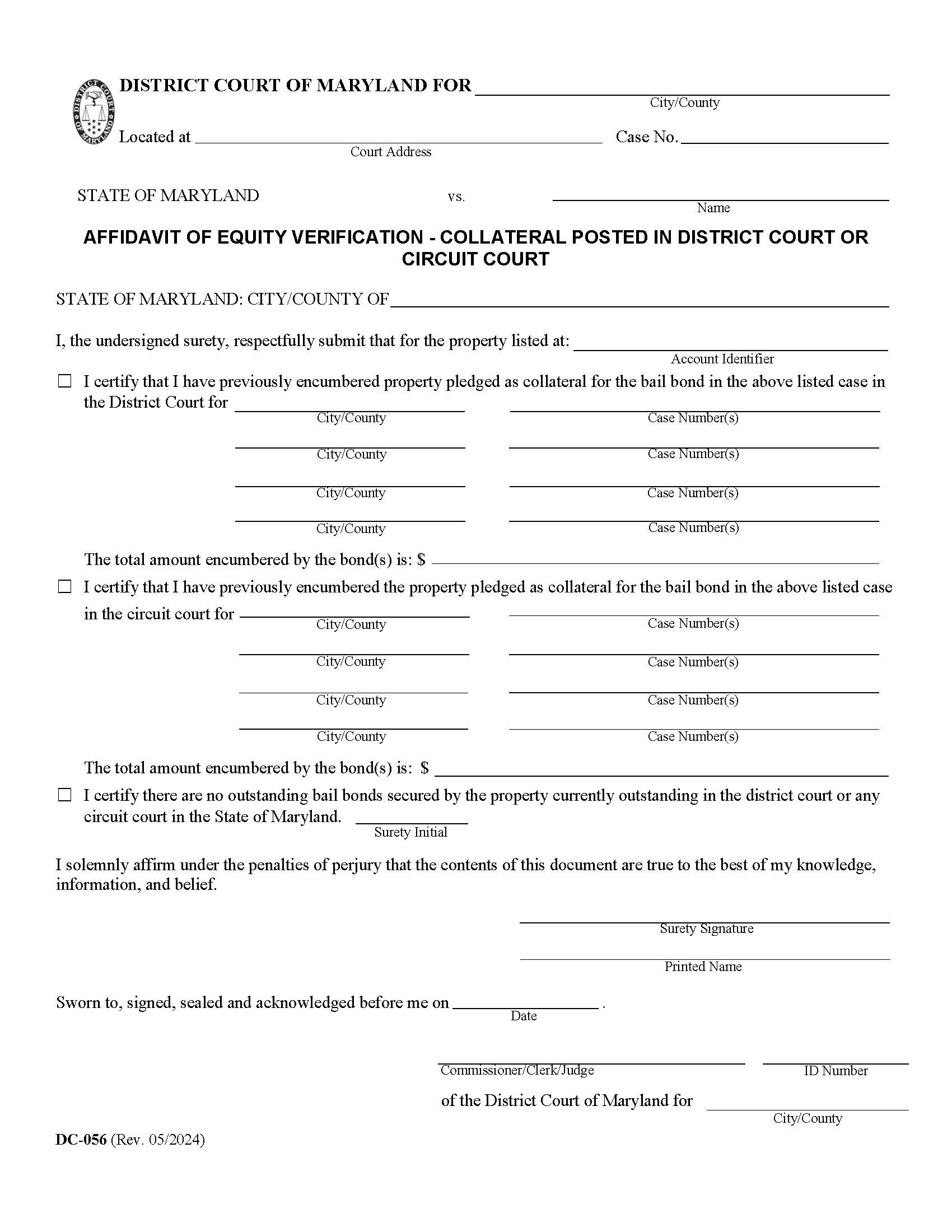 Affidavit Of Equity Vertification Collateral Posted In Circuit Court {DC 56} | Pdf Fpdf Doc Docx | Maryland