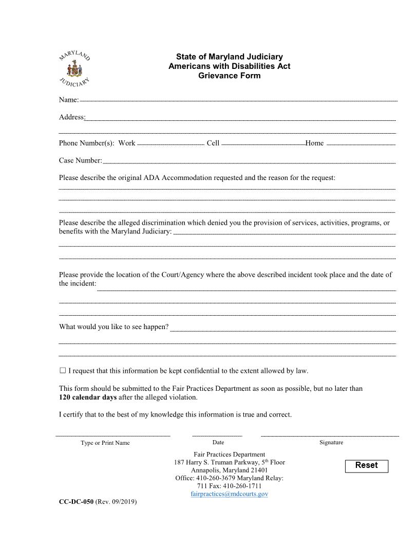 Americans With Disabilities Act Grievace Form {CC-DC 50} | Pdf Fpdf Docx | Maryland