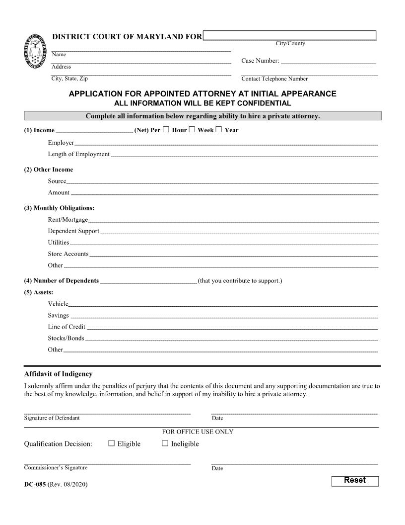 Application For Appointed Attoreny At Initial Appearance {DC-085} | Pdf Fpdf Docx | Maryland